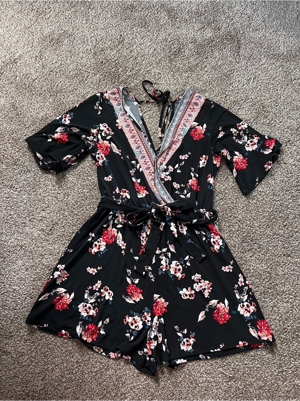 Maurices Black Floral Wrap Romper with Red and White Flowers